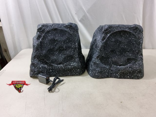 Lot 7-134445 - (2) Solar Outdoor Rock speakers with usb charging cord. Bluetooth. No remote. Tested to power on.  1...