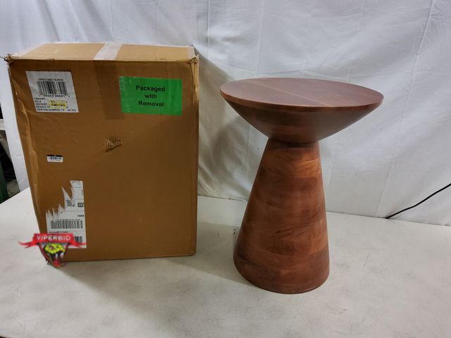 Lot 7-131906 - Threshold Acacia Wood Round Modern Sculptural Patio End Table. 19.75" H x 15" W x 15" D.