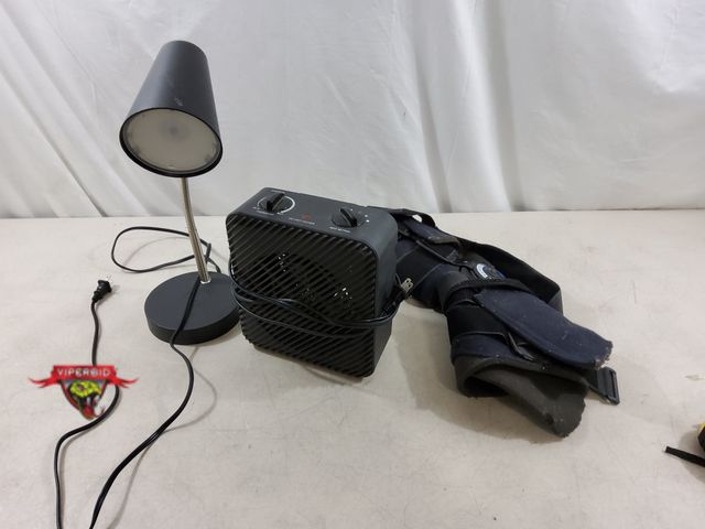 Lot 7-134720 - Table Top Heater, Desk Lamp, and Hinged Knee Brace. Tested to turn on.