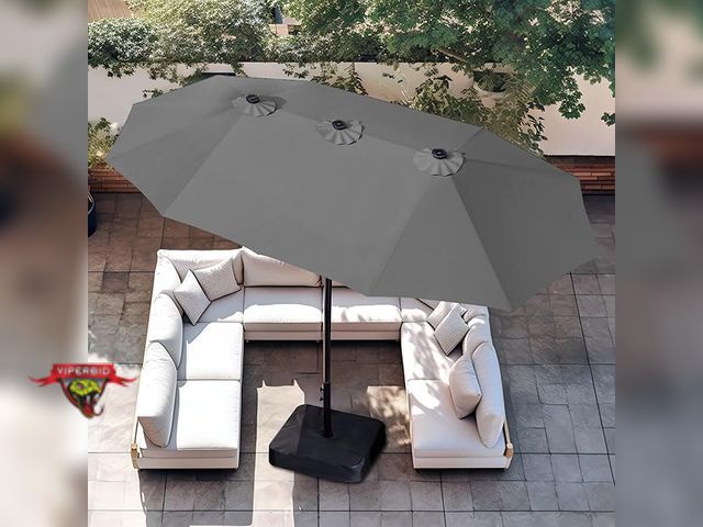 Lot 7-131376 - PHI VILLA 15ft Large Patio Umbrella with Base. Model E02GM013.
