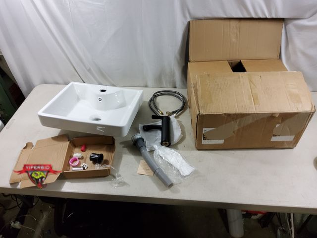 Lot 7-134665 - Small Ceramic Sink with Faucet and Drain. (17" x 14-1/4" x 5")