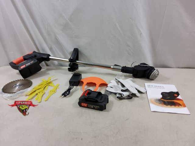 Lot 7-134489 - 21V LI ION Cordless Weed wacker. Includes (2) Batteries and charger. Tested to power on.