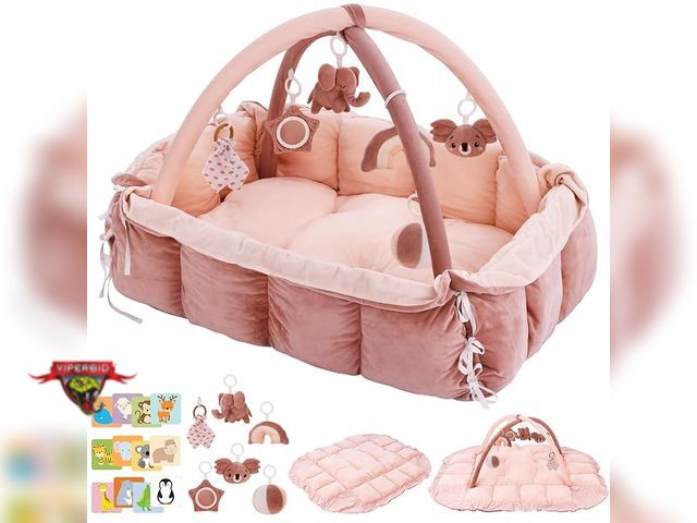 Lot 7-134492 - 5-in-1 Baby Play Gym and Tummy Time Mat. 12 Learning Cards &amp; 6 hanging toys.
