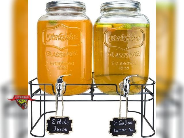 Lot 7-134522 - Yorkshire 2-Gallon glass beverage dispensers with metal stand.
