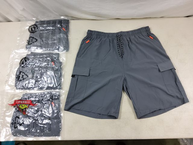 Lot 7-131601 - New! (4) Pairs of Men' s dark gray cargo shorts with 9" inseam. Size: XL.  Has (2) "Cargo" Pockets, ...