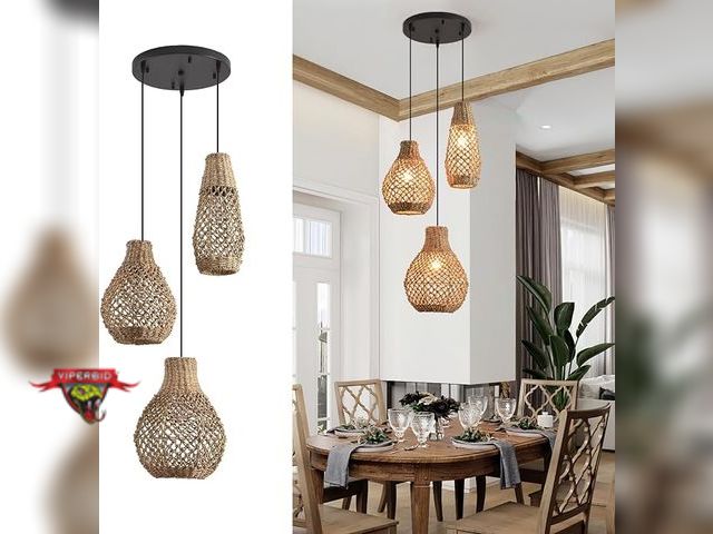 Lot 7-135045 - Retail value $159! Zslongying 3-Light Rattan Pendant Light,Boho Hand Woven Wicker Chandelier. ,①: D5...