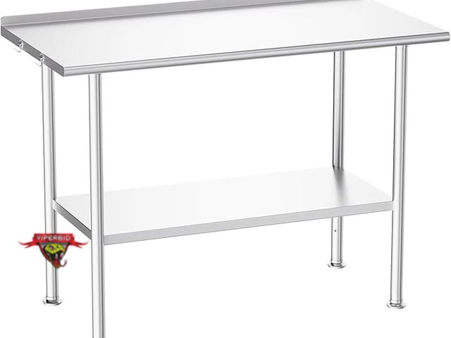 Lot 7-131883 - All-Stainless Steel Prep Table, 24 X 48 Inch, with Backsplash and Adjustable Undershelf.
