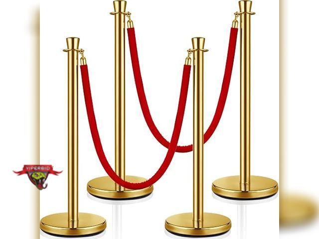 Lot 7-135892 - (4) Post Gold Stanchions with (3) Red Velvet Ropes. (36-3/4T)