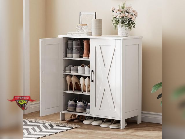 Lot 7-130016 - Homleke Farmhouse Shoe Cabinet with 2 Barn Doors and shelves. 13.8"D x 27.6"W x 31.5"H