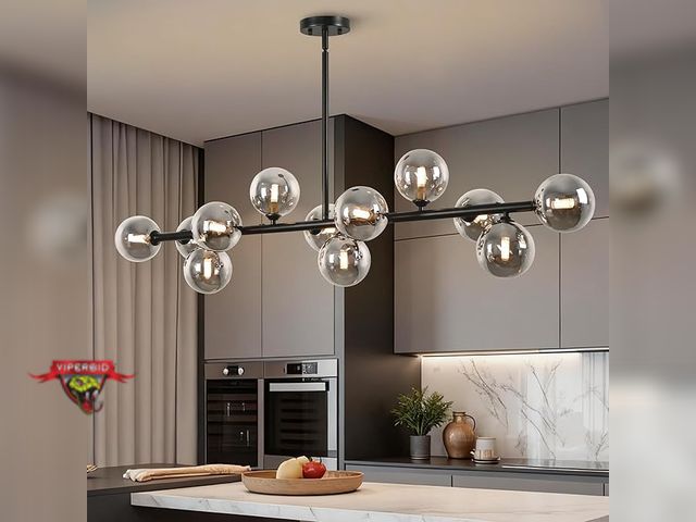 Lot 7-131267 - UZBHTY 50.6 in Linear Chandelier 12 Light Fixture with Smokey Gray Glass Globes