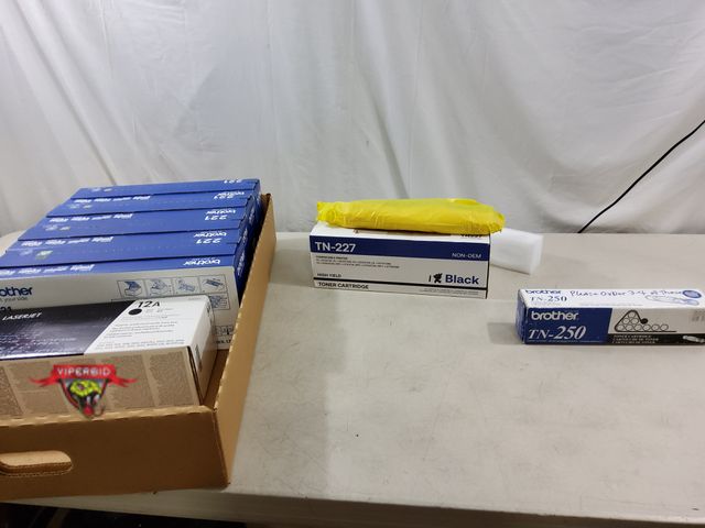 Lot 7-134817 - (4) Brother 221 black toner cartridges (TN221BK), (1) HP Black 12A printer cartridge, (2) TN-227 bla...