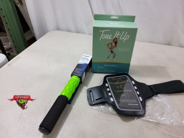 Lot 7-133641 - New! Tone It UP premium women's squat band,rolling massage stick and a sports phone arm band with li...