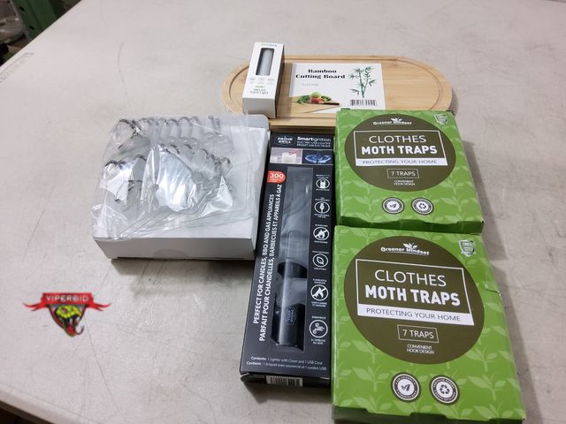 Lot 7-133605 - New! 11" X 5.5" X 0.5" Bamboo cutting board, 2 Boxes of clothes moth traps (7 traps per box), Box of...