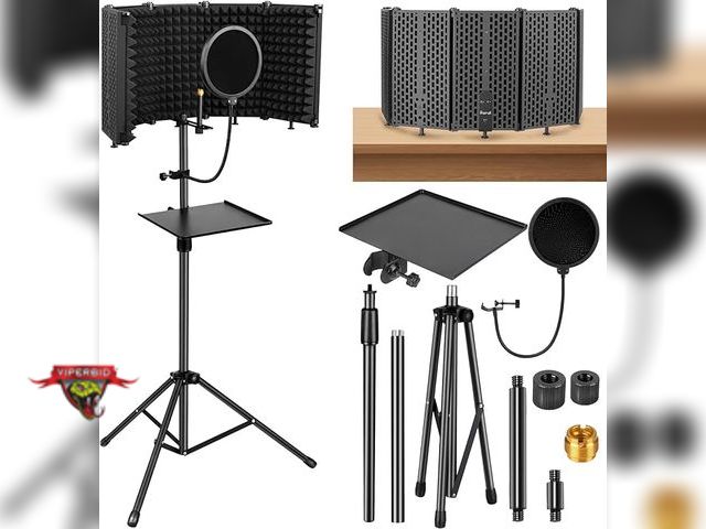 Lot 7-131822 - Ramzi Microphone Isolation Shield. Recording Studio Equipment With Pop Filter,Tripod Stand, Foldable...