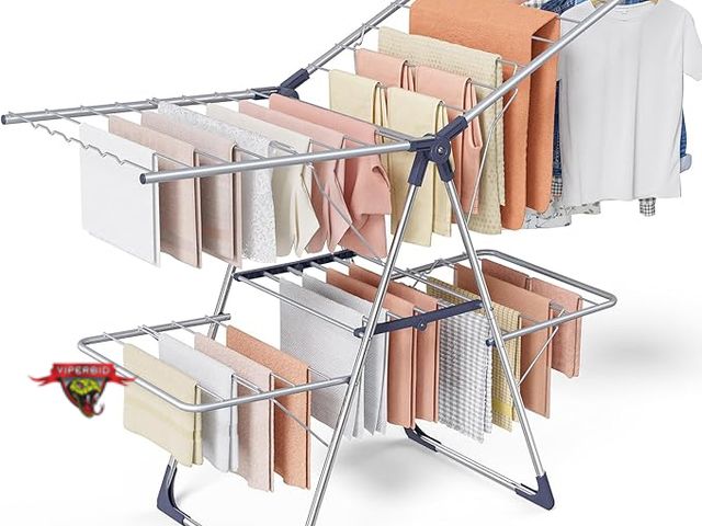 Lot 7-130345 - Sakugi Clothes Drying Rack, Foldable. Height-Adjustable Wings. Free-Standing / Indoor &amp; Outdoor,...