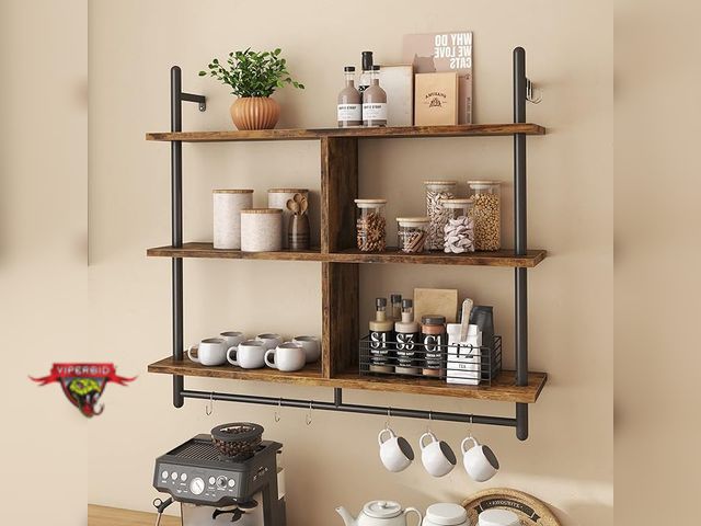 Lot 7-123318 - Bestier Floating Pipe Ladder Shelf.  Wall Mounted. 3 Tier. Approximately 41"D x 9"W x 37"H.
