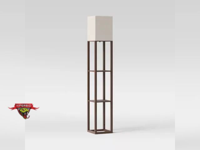 Lot 7-132573 - Floor lamp with shelves. 3-Way rotary switch. Brown finish. Linen shade. USB port on shelf. 62-1/2"H...