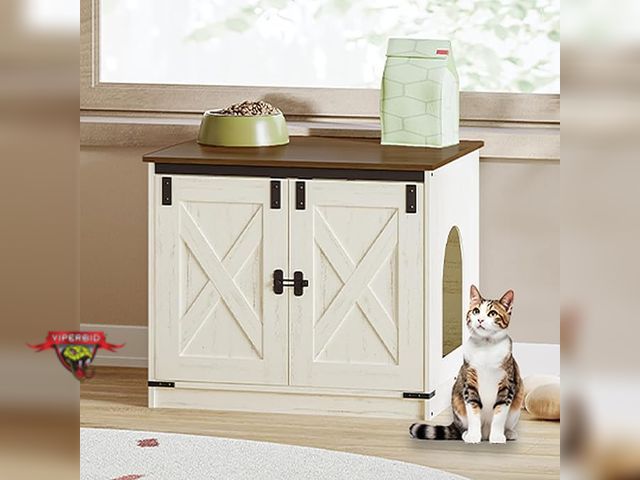 Lot 7-130021 - Hzuaneri Wooden Cat Litter Box Enclosure with Cushion, Hidden Litter Box Furniture with Removable Di...