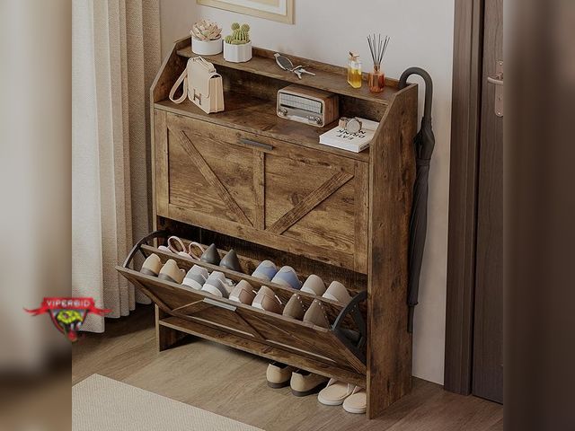 Lot 7-130375 - Retail value $139! Mericonia Farmhouse Shoe Cabinet with 2 Flip Drawers. 9"D x 31"W x 40"H