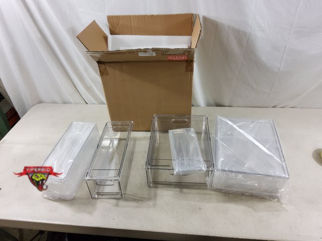 Lot 7-135769 - (4) Plastic stackable storage drawers. Includes (2) 10" X 13-3/8" X 4-3/8"H &amp; (2) 5" X 13-3/8" X...