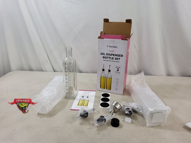 Lot 7-134790 - Box of 2 -  Finedine glass oil dispenser bottle set with stainless steel pour spouts.