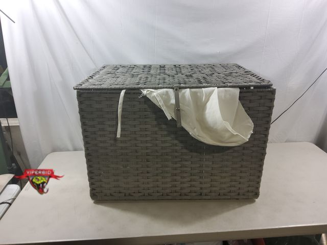 Lot 7-132762 - New! 240L All weather "Wicker" storage box with lid and liner. 31-1/2" X 21-1/4" X 22-1/2"H.