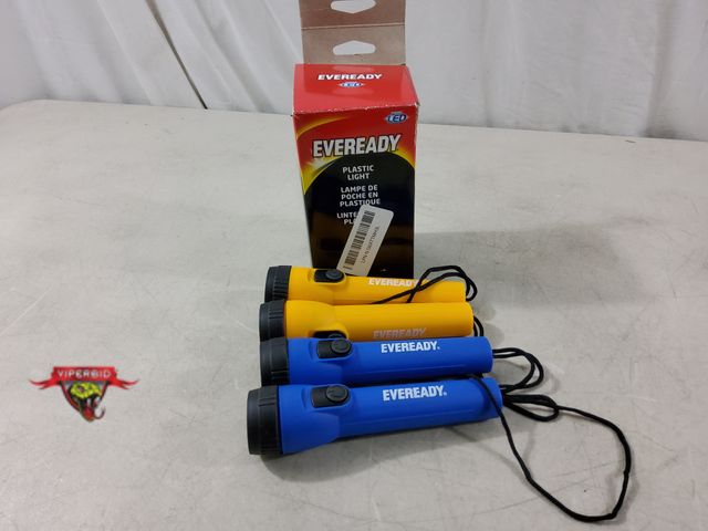 Lot 7-135698 - Look new! Box of 4 - Eveready plastic flashlights with batteries. All tested and work- just remove p...
