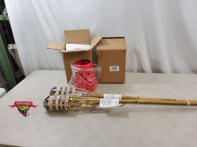 Lot 7-134866 - (2) Bamboo tiki torches (1 "rung" broken on 1) and (2) Red metal lanterns (4" top dia. X 8"H).