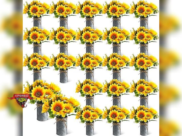 Lot 7-130742 - Retail value $115! New! 24 Sets - Artificial Sunflower bouquet stems with Vases.