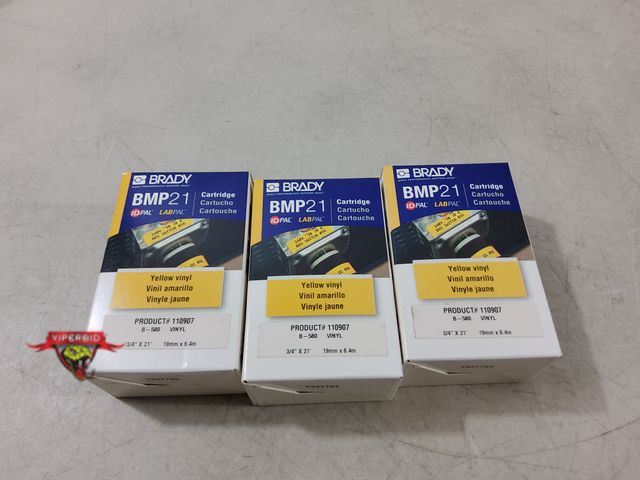 Lot 7-133669 - New! (3) Brady Yellow vinyl VMP21 cartridges. 3/4" X 21'. #M21-750-580-YL.