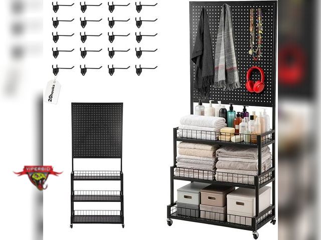 Lot 7-134450 - Eastern Tree Rolling 3 Tiers Metal Pegboard Display Stand with Pegboard Panel. 16"D x 30"W x 48"H