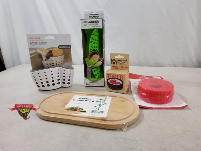 Lot 7-134734 - New! Miscellaneous kitchen items. Includes Sink sider, Kitchen Timber, Colaner strainer, set of 6 bi...