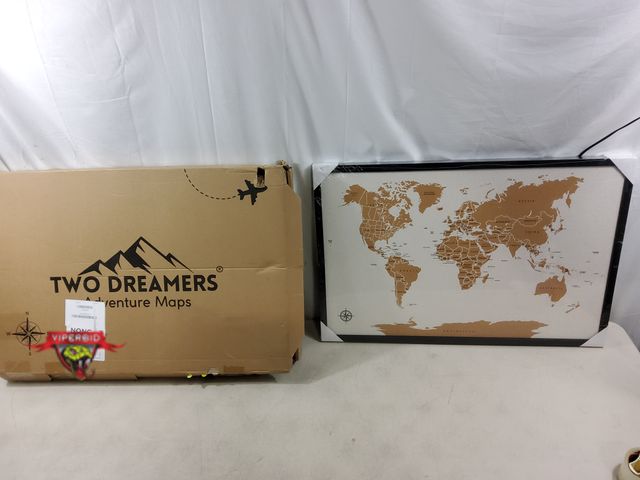 Lot 7-134981 - 20" X 30" Two Dreamers framed cork adventure travel map with thumb tacks.