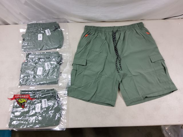 Lot 7-130599 - New! (4) Pairs of Men' s green cargo shorts with 9" inseam. Size: 2XL.  Has (2) "Cargo" Pockets, (2)...