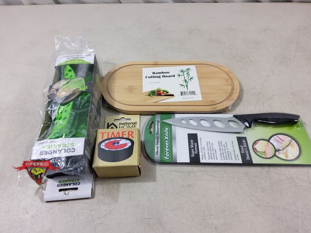 Lot 7-132589 - New! 11" X 5.5" X 0.5" Bamboo cutting board, Forever knife - never needs sharpening, Prepara colande...