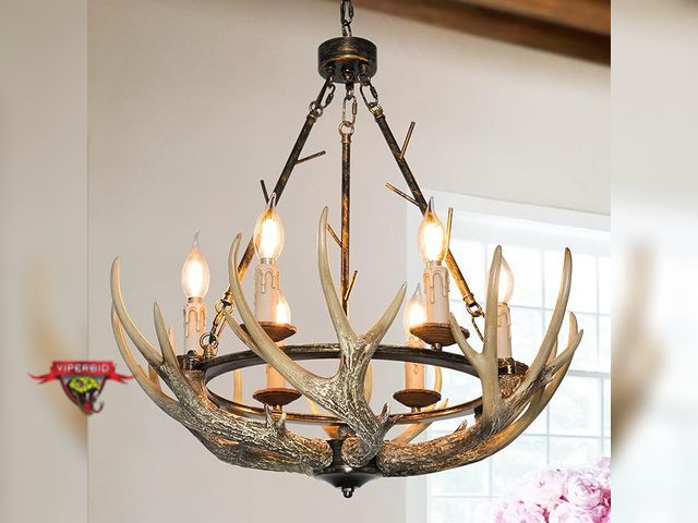Lot 7-132963 - Retail value $149! Rustic Antler Chandelier - 6 Lights. 24" wide and 26" tall and comes with a 48" c...