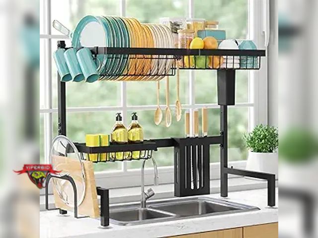 Lot 7-130505 - Sakugi over the sink dish drying rack. 30"-33.9" L x 11" W x 21.5" H.