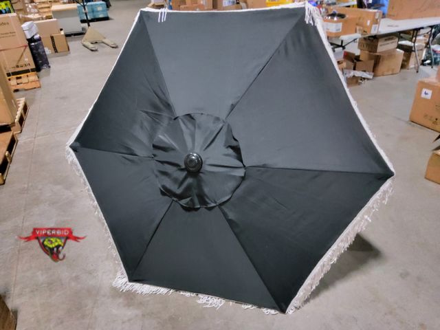 Lot 7-131103 - 6 ft. Outdoor patio umbrella. Black with white fringe.