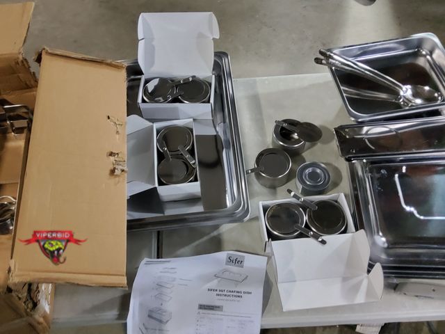 Lot 7-135888 - Set of 4 - Lightly used Sifer 9 qt. chafing dishes with multi-size food pans. Includes 1 chafer fuel...