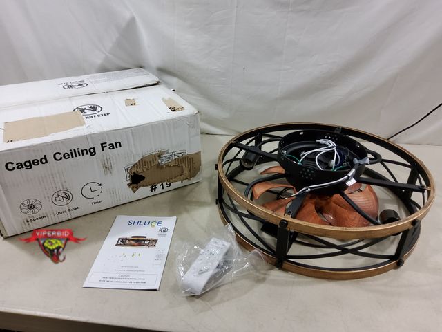 Lot 7-130486 - Shluce caged ceiling fan with lights and remote. (18.5" dia.)