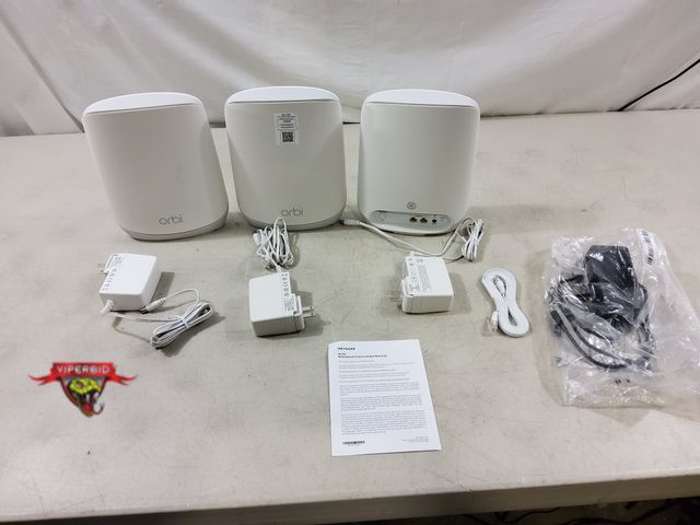 Lot 7-130220 - NetGear Orbi (RBS760) Whole Home Mesh Wifi Router &amp; (2) Add-On Satellites. Unable to test. Paper...