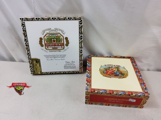 Lot 7-131525 - Arturo Fuente empty wood cigar box (9-3/4" X 9-3/8" X 1-3/8") and a La Aroma De Cuba empty cigar box...