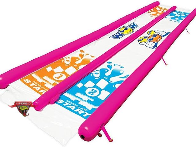 Lot 7-131384 - Wow Sports Double Lane Super Slide - 25 x 6 ft - Two Lanes. Includes 2 inflatable sleds, anchor pins...