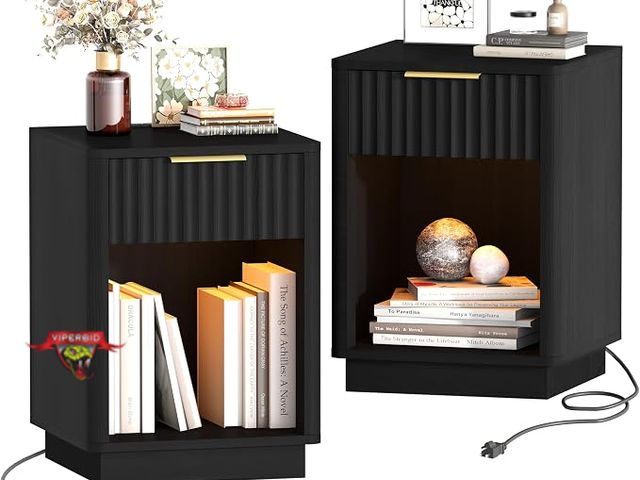 Lot 7-133458 - Set of 2 - Fluted Nightstand Bedside Table with Charging Stations. Includes led strip lights.  15"D ...