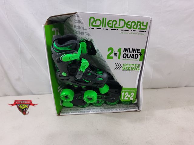 Lot 7-131543 - Roller Derby 2-in-1 Inline + Quad interchangeable youth skate. Size: 12-2.