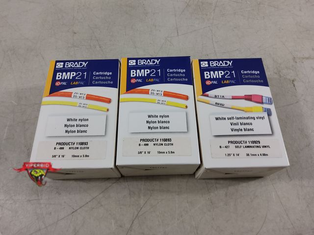 Lot 7-133671 - New!  (2) Brady M21-375-499 Nylon cloth BMP21 Cartridge and (1) Brady M21-1250-427 White self-lamina...