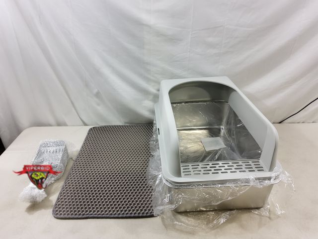 Lot 7-130257 - New! Semi enclosed stainless steel bottom cat litter box. Overall dimensions 23-3/8" X 15-1/2" X 12"...