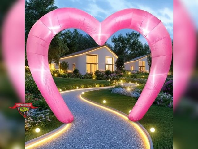 Lot 7-133619 - 9 ft. H * 4.5FT Pink Inflatable Outdoor Heart Archway. Missing 2 plastic buckles.