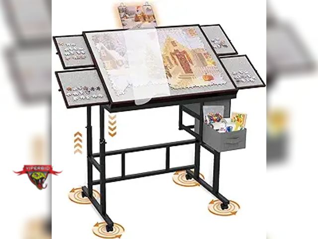 Lot 7-134484 - Wood frame chipped. Doerpuz rolling puzzle table with drawers. Adjustable height &amp; angles.