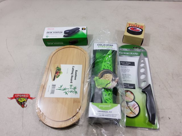 Lot 7-134208 - New! 11" X 5.5" X 0.5" Bamboo cutting board, Forever knife - never needs sharpening, Prepara colande...